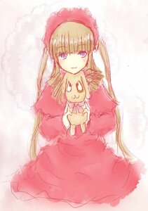 Rating: Safe Score: 0 Tags: 1girl blonde_hair blue_eyes bonnet dress holding image long_hair long_sleeves looking_at_viewer red_dress shinku sitting smile solo very_long_hair User: admin