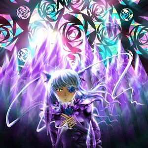 Rating: Safe Score: 0 Tags: 1girl barasuishou blue_flower blue_rose dress eyepatch flower image long_hair purple_dress purple_rose rose silver_hair solo stained_glass yellow_eyes User: admin