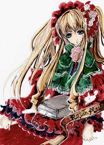 Rating: Safe Score: 0 Tags: 1girl blonde_hair blue_eyes bonnet bow capelet dress flower frills image long_hair looking_at_viewer marker_(medium) red_flower red_rose rose shinku solo traditional_media twintails User: admin