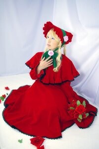 Rating: Safe Score: 0 Tags: 1girl blonde_hair blue_eyes bonnet capelet dress flower long_sleeves red_capelet red_dress red_flower red_rose rose shinku sitting solo User: admin