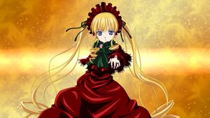 Rating: Safe Score: 0 Tags: 1girl blonde_hair blue_eyes bow bowtie dress flower green_bow image long_hair long_sleeves looking_at_viewer red_dress shinku solo twintails very_long_hair yellow_background User: admin