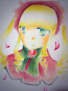 Rating: Safe Score: 0 Tags: 1girl bangs blonde_hair blue_eyes flower image looking_at_viewer petals photo portrait red_flower red_rose rose rose_petals shinku solo traditional_media User: admin