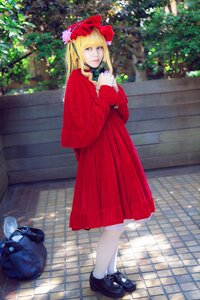 Rating: Safe Score: 0 Tags: 1girl bangs blonde_hair blue_eyes bow capelet dress long_hair looking_at_viewer red_dress shinku shoes solo standing white_legwear User: admin