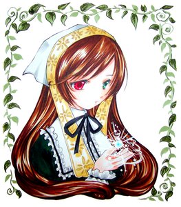 Rating: Safe Score: 0 Tags: 1girl black_ribbon brown_hair closed_mouth dress frills green_eyes head_scarf heterochromia image leaf long_hair long_sleeves looking_at_viewer plant red_eyes ribbon simple_background solo suiseiseki upper_body very_long_hair white_background User: admin