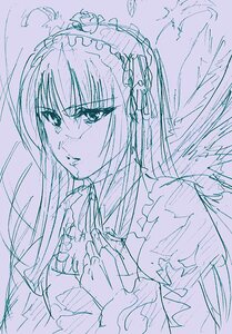 Rating: Safe Score: 0 Tags: 1girl bangs dress frills hairband image long_hair long_sleeves monochrome purple_theme sketch solo suigintou upper_body User: admin