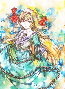 Rating: Safe Score: 0 Tags: 1girl blonde_hair dress flower frills green_dress green_eyes heterochromia image long_hair red_eyes red_flower red_rose ribbon rose solo suiseiseki traditional_media very_long_hair User: admin