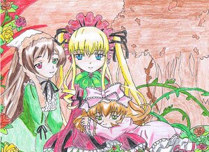 Rating: Safe Score: 0 Tags: 3girls blonde_hair blue_eyes bonnet bow brown_hair dress flower frills green_neckwear hat heterochromia hina_ichigo image long_hair long_sleeves looking_at_viewer multiple multiple_girls pink_bow pink_flower pink_rose red_eyes red_flower red_rose rose shinku smile suiseiseki tagme traditional_media User: admin