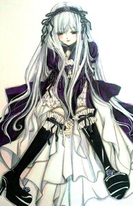 Rating: Safe Score: 0 Tags: 1girl black_footwear closed_eyes dress flower frills hairband image long_hair long_sleeves ribbon rose silver_hair simple_background sitting solo suigintou traditional_media very_long_hair white_background User: admin