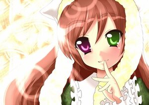Rating: Safe Score: 0 Tags: 1girl blush brown_hair dress finger_to_mouth frills green_dress green_eyes image long_hair long_sleeves looking_at_viewer smile solo suiseiseki upper_body User: admin