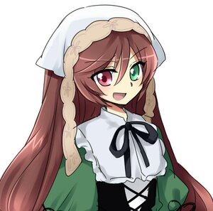 Rating: Safe Score: 0 Tags: 1girl :d brown_hair dress green_eyes head_scarf heterochromia image long_hair long_sleeves looking_at_viewer open_mouth red_eyes ribbon simple_background smile solo suiseiseki very_long_hair white_background User: admin