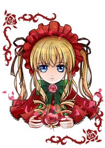 Rating: Safe Score: 0 Tags: 1girl blonde_hair blue_eyes bonnet drill_hair flower green_bow image long_hair looking_at_viewer petals pink_flower pink_rose red_flower red_rose rose shinku smile solo striped twintails User: admin