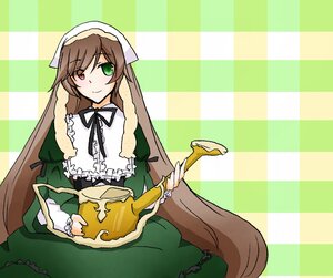 Rating: Safe Score: 0 Tags: 1girl argyle_background brown_hair checkered checkered_background checkered_floor dress frills green_dress green_eyes head_scarf heterochromia holding image long_hair long_sleeves looking_at_viewer red_eyes smile solo suiseiseki very_long_hair watering_can User: admin