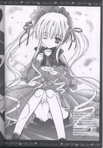 Rating: Safe Score: 0 Tags: 1girl blush dress frills greyscale hairband image long_hair long_sleeves looking_at_viewer monochrome one_eye_closed ribbon shinku sitting solo twintails very_long_hair User: admin