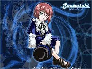 Rating: Safe Score: 0 Tags: 1girl bow copyright_name dress frilled_shirt_collar frills full_body green_eyes headwear_removed heterochromia image long_sleeves looking_at_viewer red_eyes ribbon short_hair sitting smile solo souseiseki User: admin