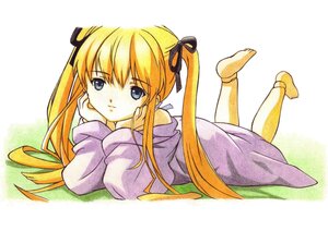 Rating: Safe Score: 0 Tags: 1girl barefoot blonde_hair blue_eyes chin_rest hair_ribbon image long_hair long_sleeves lying on_stomach ribbon shinku solo twintails very_long_hair User: admin