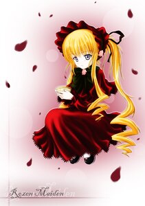 Rating: Safe Score: 0 Tags: 1girl blonde_hair blue_eyes bonnet bow cup dress flower image long_hair long_sleeves looking_at_viewer petals red_dress rose rose_petals shinku sitting solo twintails User: admin