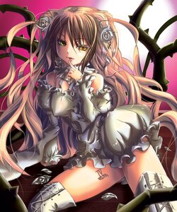 Rating: Questionable Score: 0 Tags: 1girl bare_shoulders boots breasts brown_hair costume_switch dress finger_to_mouth flower gradient_hair green_eyes hair_ornament image large_breasts long_hair solo thigh_boots thighhighs very_long_hair yellow_eyes User: admin