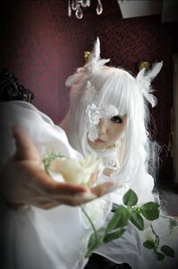 Rating: Safe Score: 0 Tags: 1girl bangs blurry blurry_foreground depth_of_field dress flower gloves hair_over_one_eye hands kirakishou lips long_hair looking_at_viewer solo upper_body white_dress white_hair User: admin