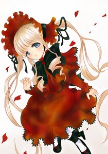 Rating: Safe Score: 0 Tags: 1girl blonde_hair blue_eyes blush bonnet bow dress image long_hair long_sleeves looking_at_viewer petals red_dress rose_petals shinku shoes sidelocks solo twintails very_long_hair User: admin