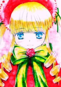 Rating: Safe Score: 0 Tags: 1990s_(style) 1girl auto_tagged bangs blonde_hair blue_eyes blurry blurry_background bow bowtie closed_mouth depth_of_field drill_hair eyebrows_visible_through_hair flower green_bow image long_hair looking_at_viewer photo red_capelet red_headwear ringlets shinku solo traditional_media twin_drills upper_body User: admin