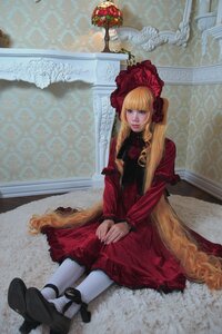 Rating: Safe Score: 0 Tags: 1girl blonde_hair blue_eyes bonnet dress flower long_hair photo realistic red_dress rose shinku shoes sitting solo white_legwear User: admin