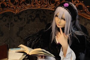 Rating: Safe Score: 0 Tags: 1girl black_dress book closed_mouth flower gothic_lolita hairband lips long_hair long_sleeves looking_at_viewer open_book rose silver_hair solo suigintou upper_body User: admin