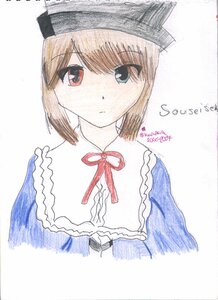Rating: Safe Score: 0 Tags: 1girl artist_name blue_dress blue_eyes brown_hair character_name closed_mouth dated eyebrows_visible_through_hair hat image looking_at_viewer neck_ribbon ribbon short_hair solo souseiseki striped traditional_media User: admin