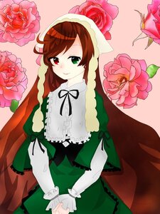 Rating: Safe Score: 0 Tags: 1girl brown_hair dress flower frills green_dress green_eyes heterochromia image long_hair long_sleeves looking_at_viewer pink_flower pink_rose red_eyes red_flower rose smile solo suiseiseki very_long_hair User: admin