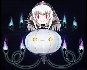Rating: Safe Score: 0 Tags: 1girl blue_fire chandelure chibi commentary_request crossover dress feathers fire flame floating flower hairband image letterboxed long_hair looking_at_viewer mtyy photoshop_(medium) pink_eyes pokemon pokemon_(creature) purple_fire rozen_maiden silver_hair smile solo suigintou wings User: admin