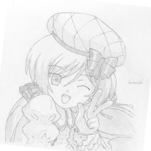 Rating: Safe Score: 0 Tags: 1girl blush bow double_v dress graphite_(medium) hat hat_bow image long_hair long_sleeves looking_at_viewer monochrome one_eye_closed open_mouth smile solo suiseiseki top_hat traditional_media v User: admin