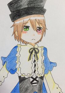 Rating: Safe Score: 0 Tags: 1girl black_ribbon blue_dress blush capelet closed_mouth dress green_eyes hat heterochromia image looking_at_viewer red_eyes ribbon short_hair simple_background solo souseiseki traditional_media upper_body watercolor_(medium) User: admin