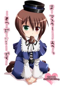 Rating: Safe Score: 0 Tags: 1girl blue_dress blush brown_hair candy chocolate chocolate_heart dress food frills green_eyes hat heart heterochromia image long_sleeves mouth_hold red_eyes shoes short_hair sitting solo souseiseki white_background User: admin