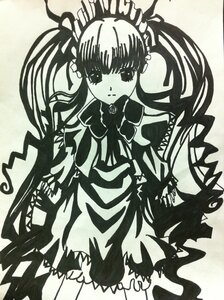 Rating: Safe Score: 0 Tags: 1girl blush bow dress frills image long_hair long_sleeves looking_at_viewer monochrome shinku solo standing twintails very_long_hair User: admin