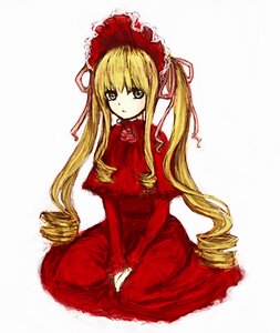 Rating: Safe Score: 0 Tags: 1girl blonde_hair blue_eyes bow dress drill_hair full_body image long_hair long_sleeves looking_at_viewer red_dress shinku simple_background sitting solo twin_drills twintails v_arms very_long_hair white_background User: admin