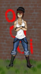 Rating: Safe Score: 0 Tags: 1girl boots breasts brown_hair cleavage cross-laced_footwear crossed_arms green_eyes grin hat heterochromia image jeans lace-up_boots large_breasts pants red_eyes short_hair smile solo souseiseki tank_top what User: admin