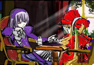 Rating: Safe Score: 0 Tags: 2girls black_wings chair dress frills hairband image long_sleeves multiple_girls pair shinku sitting suigintou wings User: admin