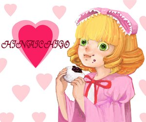 Rating: Safe Score: 0 Tags: 1girl blonde_hair bow eating food food_on_face green_eyes heart heart_background hina_ichigo hinaichigo image pink_bow short_hair solo striped vertical_stripes User: admin