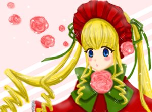 Rating: Safe Score: 0 Tags: 1girl :o blonde_hair blue_eyes blush bonnet bow bowtie dress flower green_bow image long_hair long_sleeves looking_at_viewer pink_background red_dress rose shinku sidelocks solo twintails User: admin