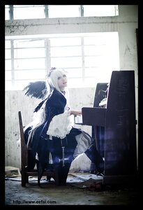 Rating: Safe Score: 0 Tags: 1girl apron black_wings dress feathers indoors letterboxed long_hair long_sleeves piano silver_hair sitting solo suigintou window wings User: admin