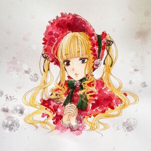 Rating: Safe Score: 0 Tags: 1girl bangs blonde_hair blue_eyes bonnet bow drill_hair flower green_bow hands_together image long_hair looking_at_viewer marker_(medium) own_hands_together parted_lips red_capelet rose shinku signature solo traditional_media twintails upper_body User: admin