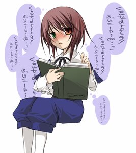 Rating: Safe Score: 0 Tags: 1girl :o blush brown_hair green_eyes heterochromia holding image long_sleeves looking_at_viewer red_eyes ribbon solo souseiseki white_legwear User: admin