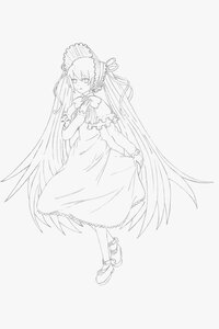 Rating: Safe Score: 0 Tags: 1girl dress full_body image long_hair monochrome shinku shoes smile solo standing striped very_long_hair User: admin