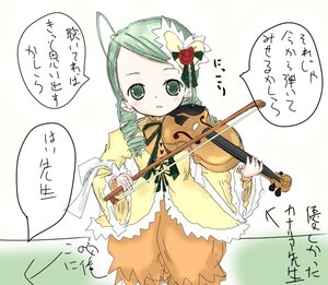 Rating: Safe Score: 0 Tags: 1girl ahoge dress drill_hair eighth_note flower green_eyes green_hair guitar image instrument kanaria long_sleeves music musical_note playing_instrument ribbon rose solo speech_bubble violin yellow_dress User: admin