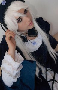 Rating: Safe Score: 0 Tags: 1girl bangs black_dress closed_mouth dress flower frills gothic_lolita hairband lips lolita_fashion lolita_hairband long_hair long_sleeves photo rose solo suigintou white_hair User: admin