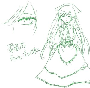 Rating: Safe Score: 0 Tags: 1girl animal_ears apron cat_ears closed_eyes dress green_theme image long_hair monochrome sketch solo suiseiseki white_background User: admin