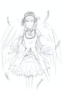 Rating: Safe Score: 0 Tags: 1girl bangs blush closed_mouth dress eyebrows_visible_through_hair feathered_wings feathers frills image long_sleeves looking_at_viewer monochrome sketch sleeves_past_wrists smile solo standing striped suigintou wings User: admin