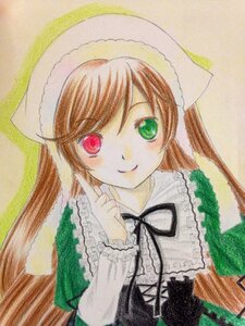 Rating: Safe Score: 0 Tags: 1girl black_ribbon brown_hair closed_mouth dress frills green_dress green_eyes hat head_scarf heterochromia image index_finger_raised long_hair long_sleeves looking_at_viewer marker_(medium) red_eyes ribbon simple_background smile solo suiseiseki traditional_media very_long_hair watercolor_(medium) User: admin