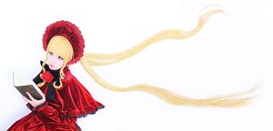 Rating: Safe Score: 0 Tags: 1girl blonde_hair blue_eyes bonnet book capelet dress flower holding long_sleeves pink_rose red_flower red_rose rose shinku solo User: admin