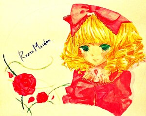 Rating: Safe Score: 0 Tags: 1girl blonde_hair bow flower green_eyes hina_ichigo hinaichigo image long_sleeves looking_at_viewer pink_bow red_flower red_rose rose short_hair smile solo thorns yellow_background User: admin