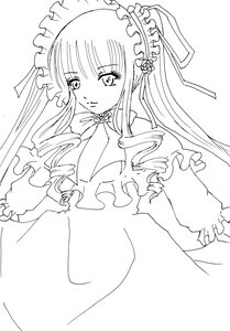 Rating: Safe Score: 0 Tags: 1girl dress drill_hair frills greyscale image lineart long_hair long_sleeves looking_at_viewer monochrome shinku simple_background smile solo twin_drills upper_body white_background User: admin